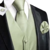 Hi-Tie Sage Green Solid Silk Mens Suit Vests 4PC Woven Waistcoat Tie Pocket Square Cufflinks Business Wedding Dress Waist Jacket 3