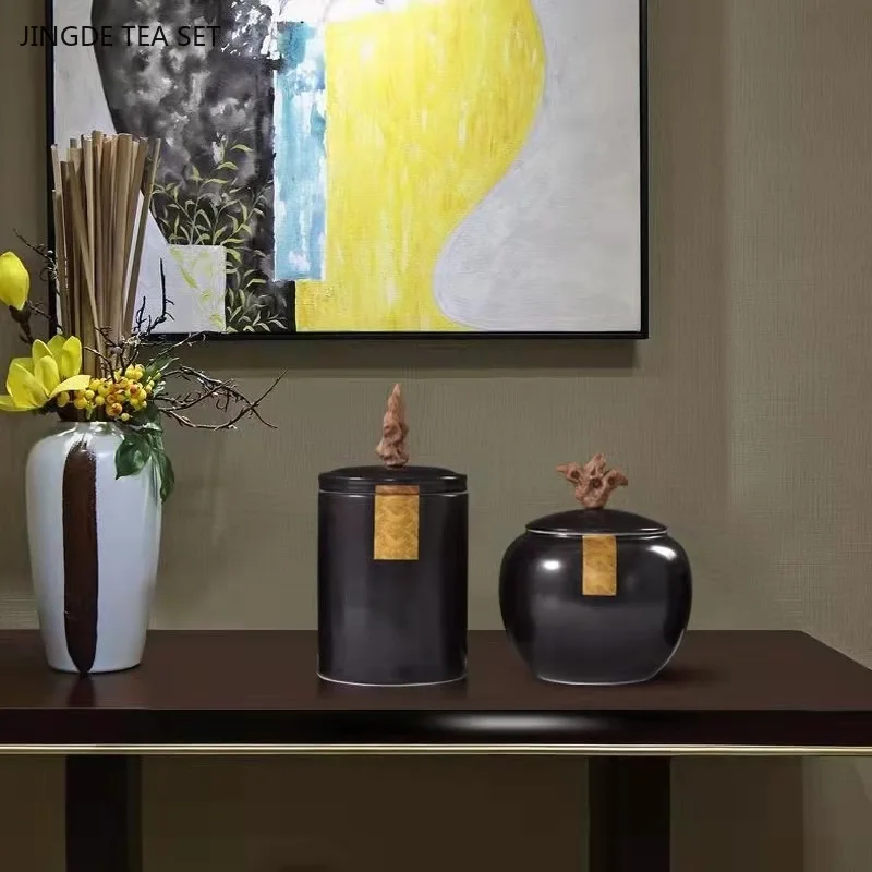 Black Ceramic Tea Organizer Box Household Kitchen Sealed Moisture-proof Coffee Container Teahouse Storage Jar Tea Accessory