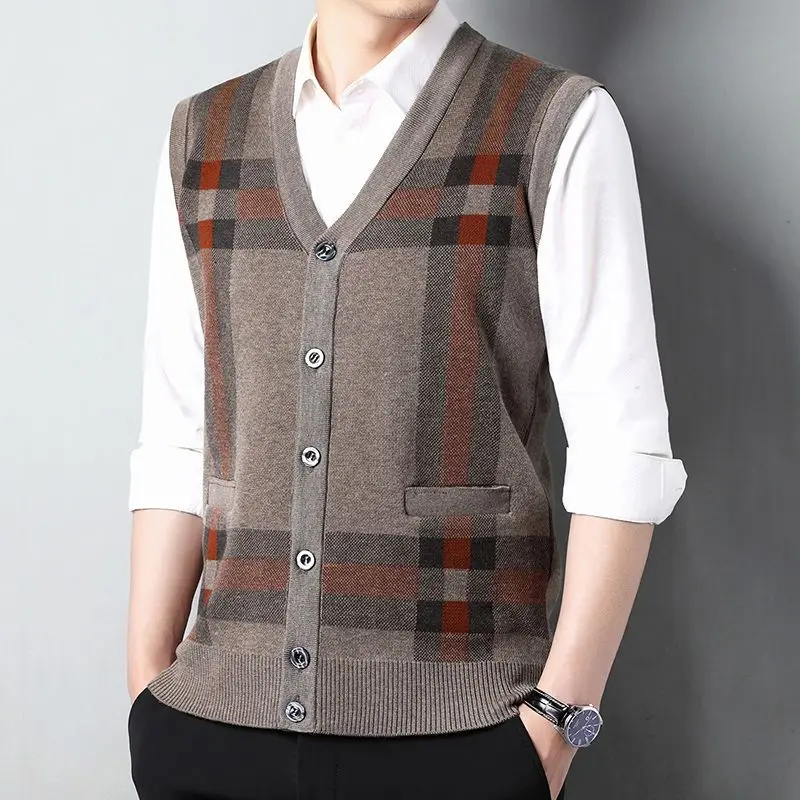 

M-3XL Mens Sweaters Vest Autumn Winter V-neck Single Breasted Print Casual Slim Comfortable Male Knitwear Top Clothes Hw59