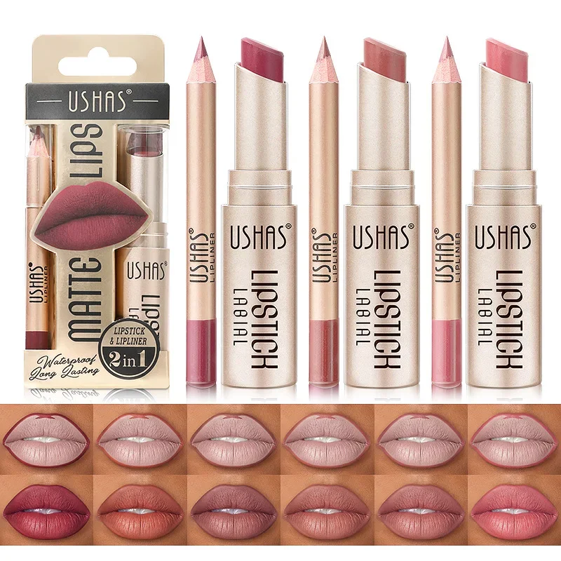 USHAS 12 Color Lip Liner Plus Lipstick Set Easy Coloring Matte Lip Stick Not Dry Long Lasting Nude Red Lipsticks Lipliner Set_voghion.com