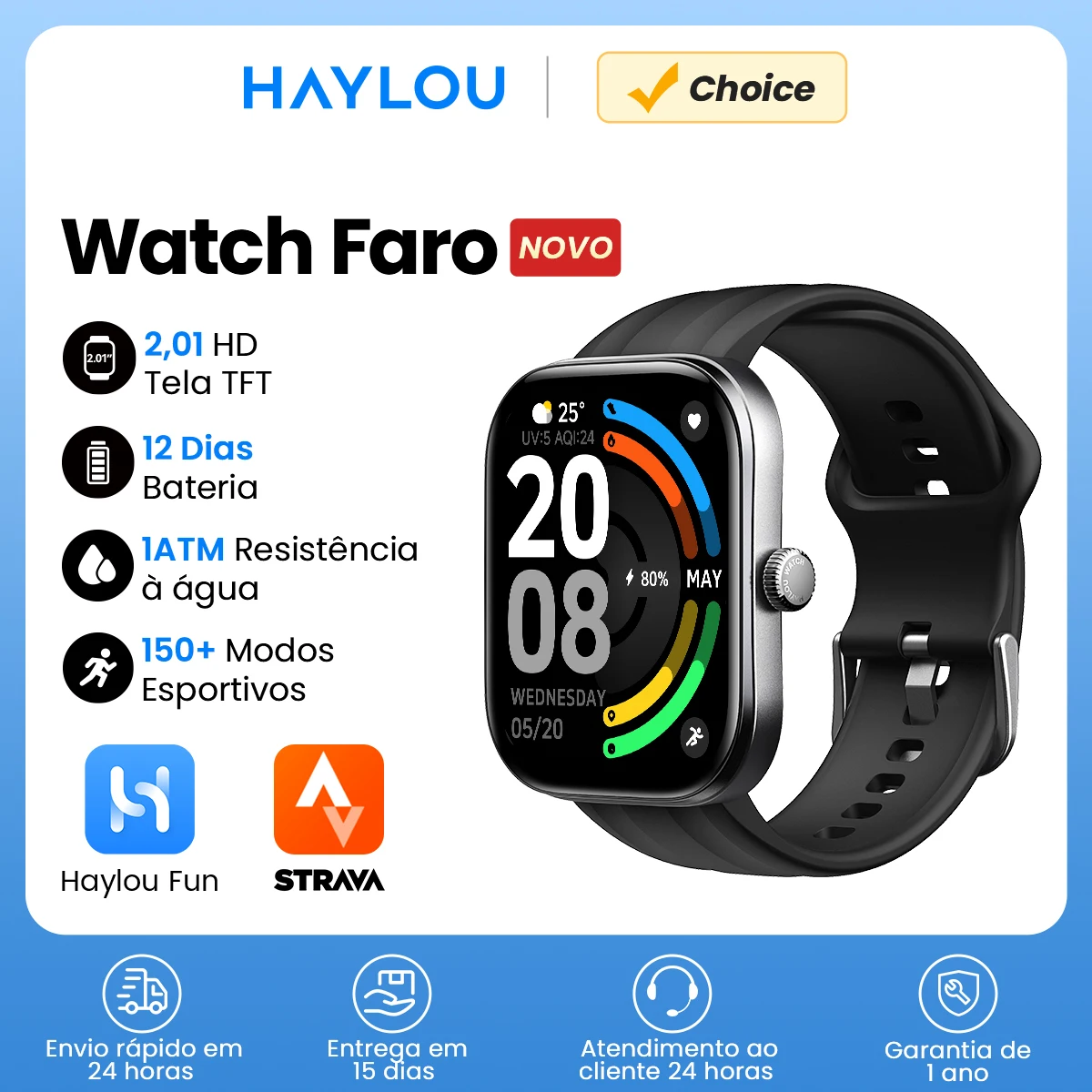 Relógio HAYLOU Faro com Chamadas de Voz, Smartwatch com Tela HD de 2.01'', Monitor de Saúde 24H, 150+ Modos de Esporte, Smartwatch Bluetooth para Homens e Mulheres