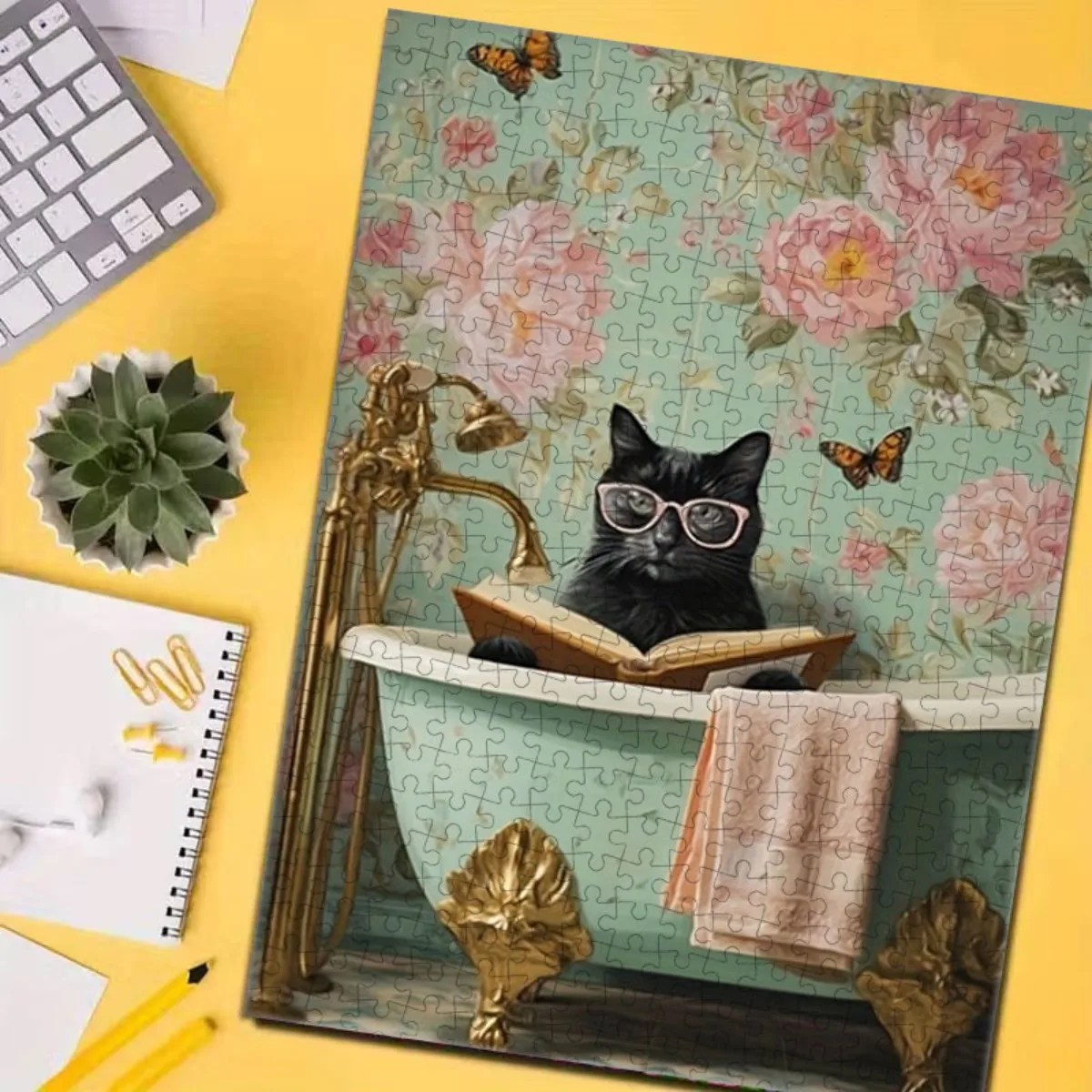 1000pcs Paper Jigsaw Puzzle | Cute Black Cat Reading in Bathtub, Floral Background, Family Fun Adult Puzzle, 27.56x19.69inch,