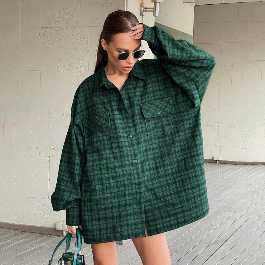 

2024 Women's American Plaid Shirt, Green Boyfriend Style, MediuM Length, Loose Oversized Shirt