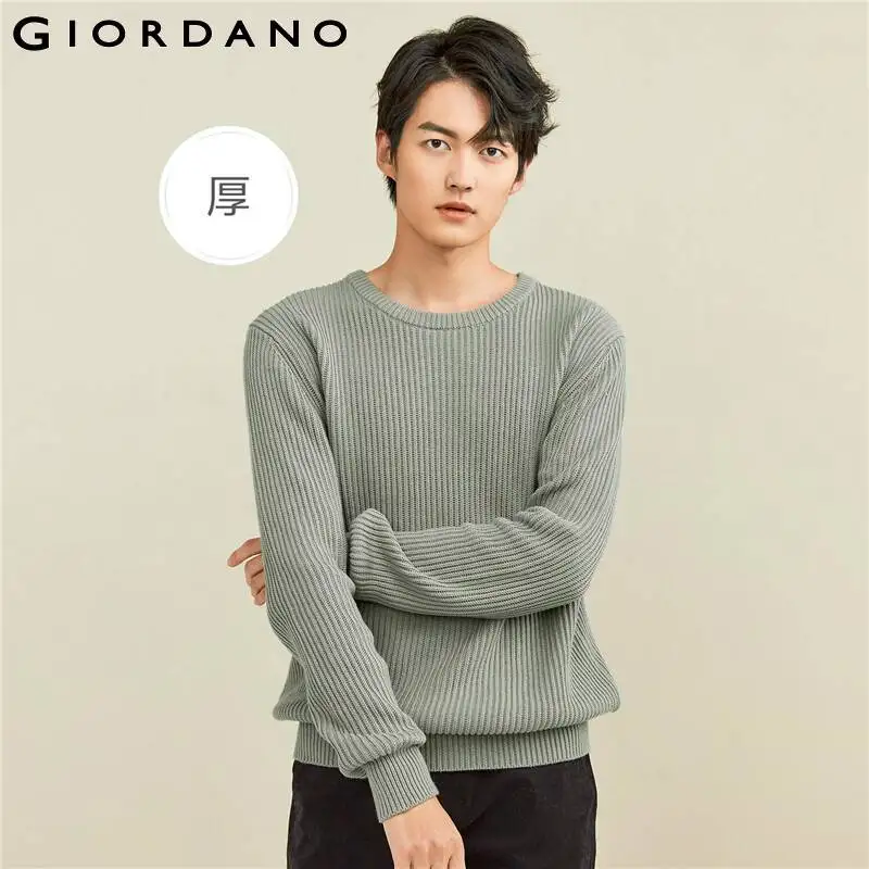 Giordano Men Sweaters Chunky Cotton Solid Color Crewneck Sweater Crewneck 7-Stitch Knitting Simple Casual Sweaters 18052612