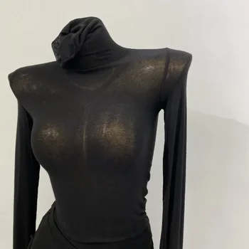 Thin Soft American Long Sleeve T-shirt High Stacked Neck Tight Perspective Bottom Shirt Women's Slim Fit Tops Sexy Streetwear 1