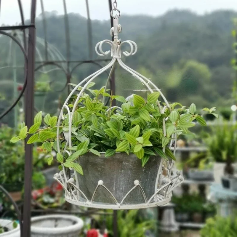 American Country Iron Art Pendurado Crown Basket, Espaço-Nivelamento Flower Rack, Jardim e Varanda Decoração, Display Planta em vaso, ao ar livre