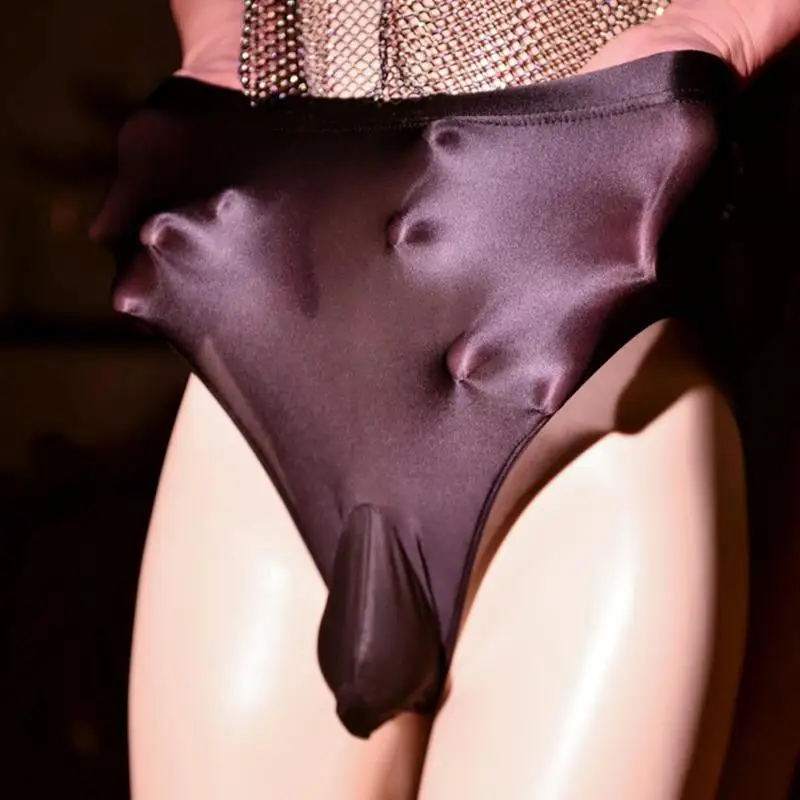 Men's Panties High Waist Smooth Oil Shiny Glossy Thong Sexy Thin Transparent Underwear Briefs Sissy Feminization Underpants