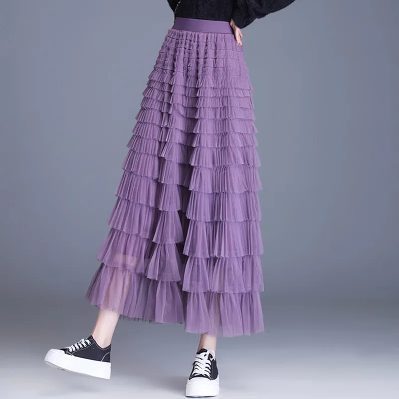 Autumn Winter 2022 Ruffled Skirt for Women Mesh Long Skirts Faldas Largas Mujer Moda Fashion Streetwear Kawaii Pink Clothes