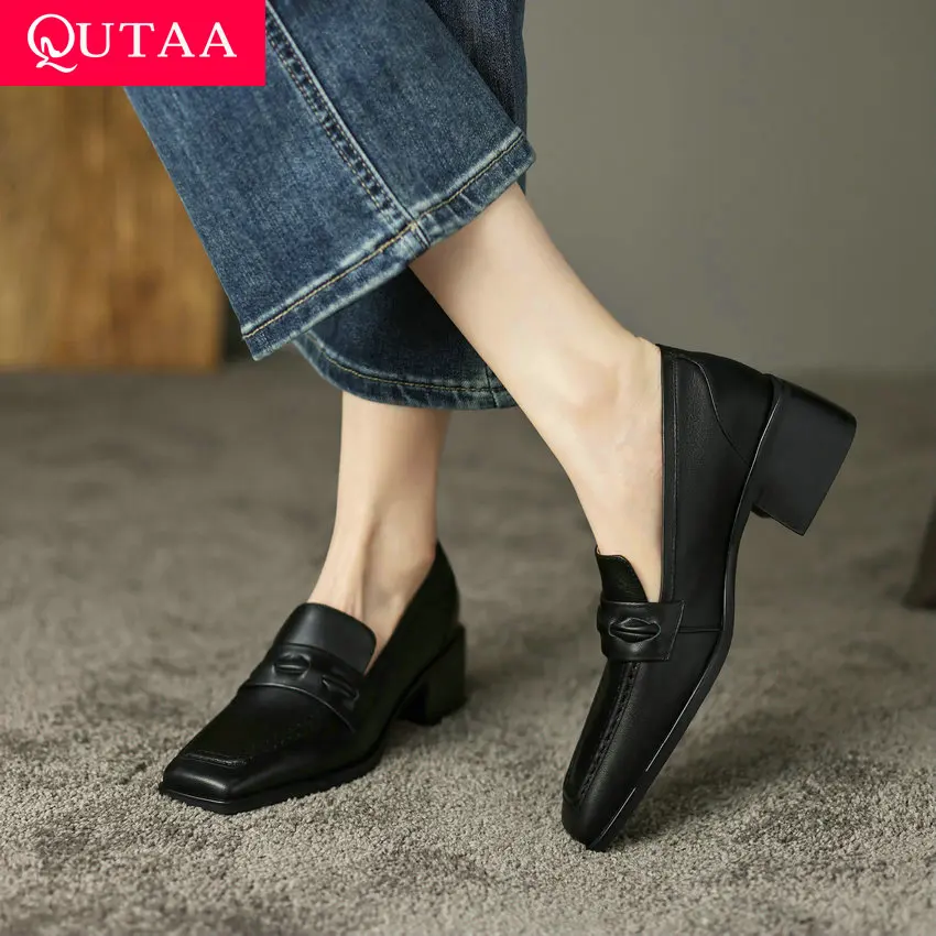 

QUTAA 2023 Women Pumps Concise Fashion Genuine Leather Square Toe Low Heels Shoes Woman Spring Summer Office Casual Size 34-40