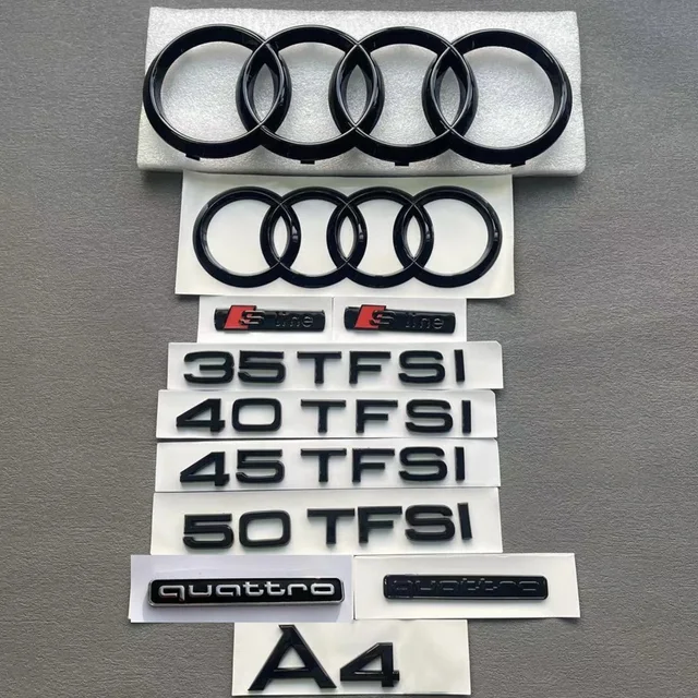 AUDI A4 4Ring logo ABS Black Car Hood Front Grill Rear Trunk Emblem Sticker A4 Mark Quarrto Sline 40TFSI 45TFSI 55TFSI Emblem