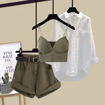Women's Summer New Denim Shorts Matching Set Female Vintage Casual Sunscreen Shirt+suspender+High Waits Pants Three Piece Suit 1