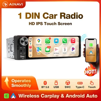 AINAVI Radio Universal 1 Din para Auto con Carplay y Android Auto Inalámbricos, Estéreo para Auto con Pantalla IPS HD de 6.36 Pulgadas, Reproductor Multimedia MP5 con USB Tipo-C, Bluetooth, FM, AUX, K40S 1