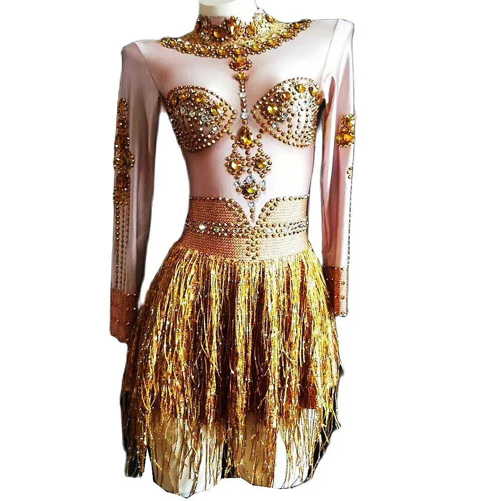 

Glitter Gold Fringes Long Sleeve Women Dresses Shining Diamonds Short Dresses Nightclub DJ Singer Stage Performance Costume