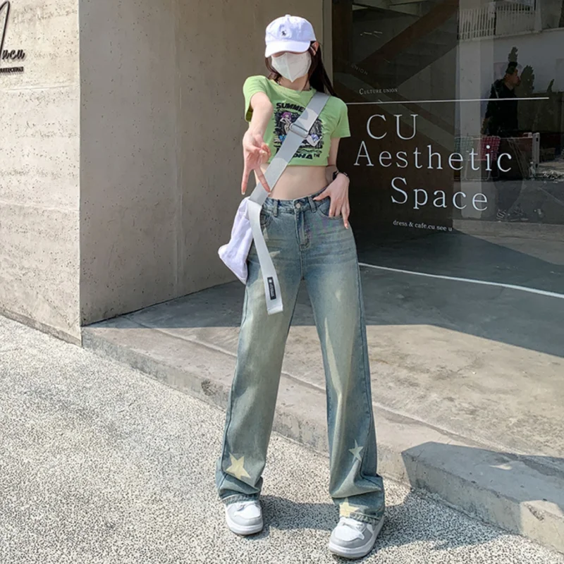 ハイウエストクロスオーバーワイドレッグジーンズEU44(17号)ネイビーブルー 女性用ブルーデニムジーンズ,ハイウエストアメリカの