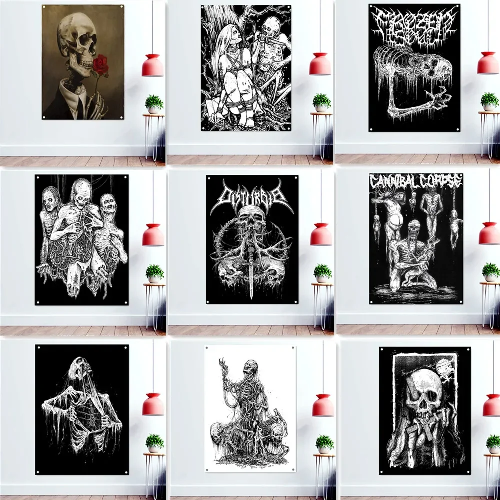 Skull Tattoo Flags Death Metal Artist Macabre Art Print Banner Wall Painting Terrible Demon Halloween Poster Wall Decor Tapestry rainbow skull mandala tapestry wall hanging tarot couple hippie boho decor moon tapestry wall fabric ouija psychedelic tapiz art