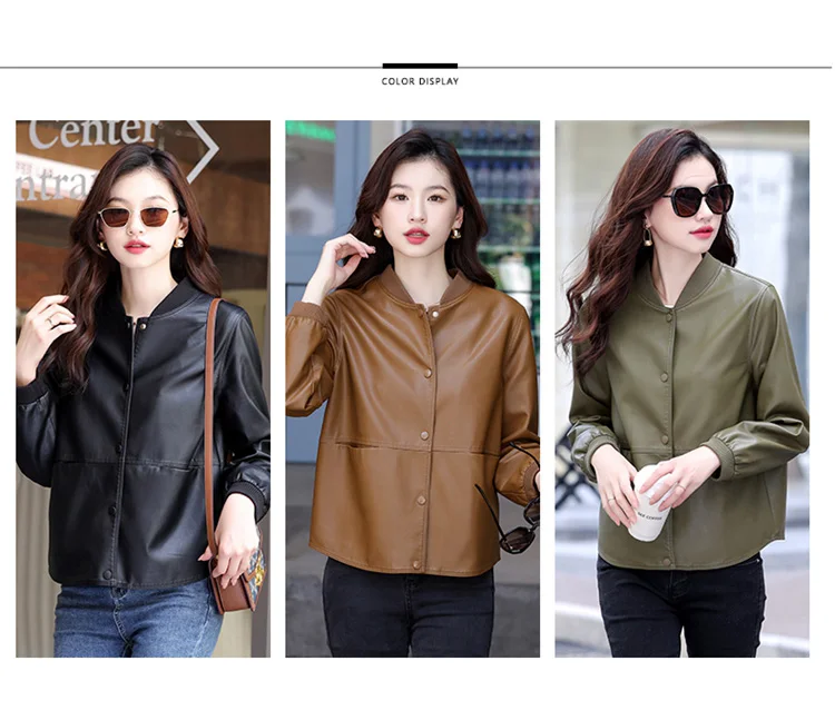 New Women Casual Leather Jacket Spring Autumn Fashion Patchwork V-Neck Single Breasted Loose Short Outerwear Split Leather
