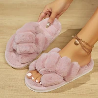 Winter Indoor House Cotton Slippers Women's Colourful Plush Fluffy Flip Flops Fashion Cross Flannel Warm Flats Slippers 2