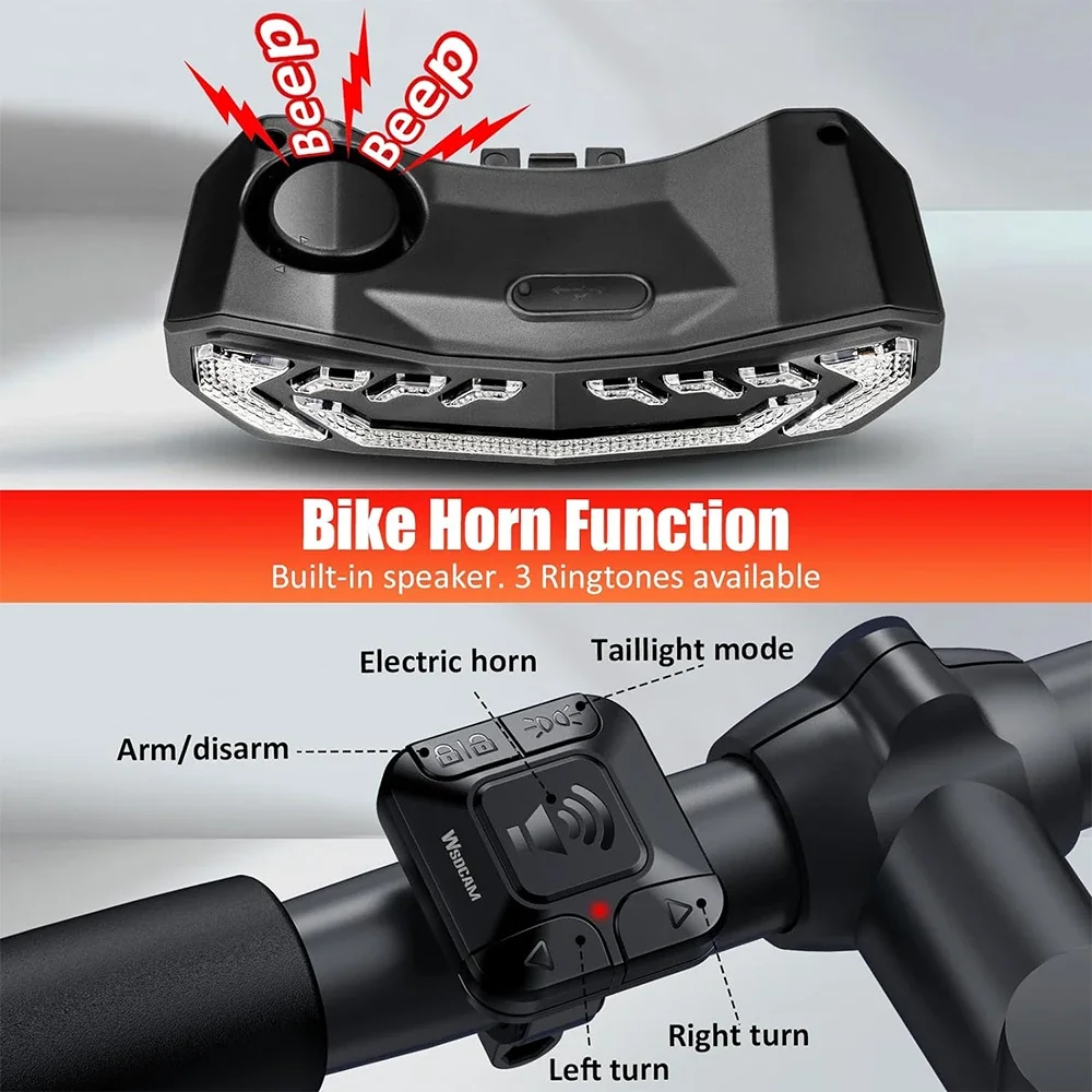 WSDCAM Smart Bike Tail Light with Turn Signals Alarm Horn Remote Rechargeable Waterproof Rear Brake bicycle rear light,bicycle alarm