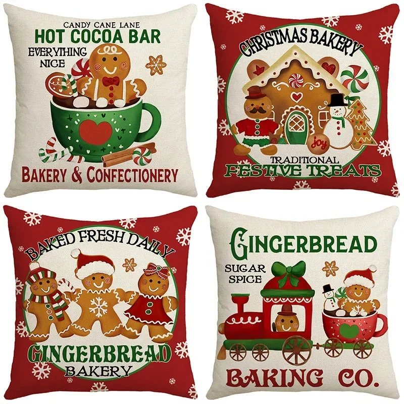 

4PCS Cute Gingerbread Man Christmas Cushion Cover 45x45cm Linen Winter Christmas Decorations Pillow Covers For Chair Bed Sofa