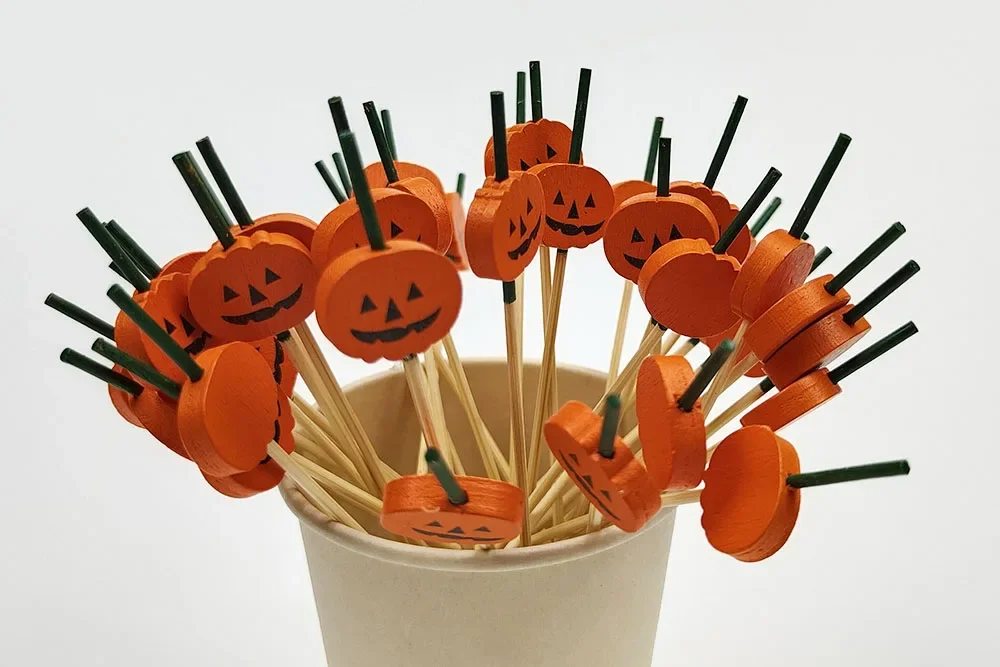 100 Stücke Halloween Kürbis Bambus Spieße Obst Gabel Dessert Salat Gemüse Einweg Sticks Zahnstocher Spieß Halloween Decor – Detail 18