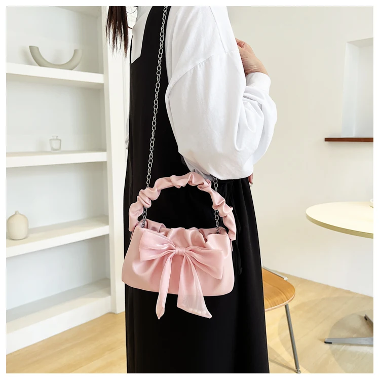 Mini Bow Bags for Women Girlish Fashion Shoulder Flap Bag Crossbody Pleated  PU Leather Underarm Handbag Female Ins Korean Chic