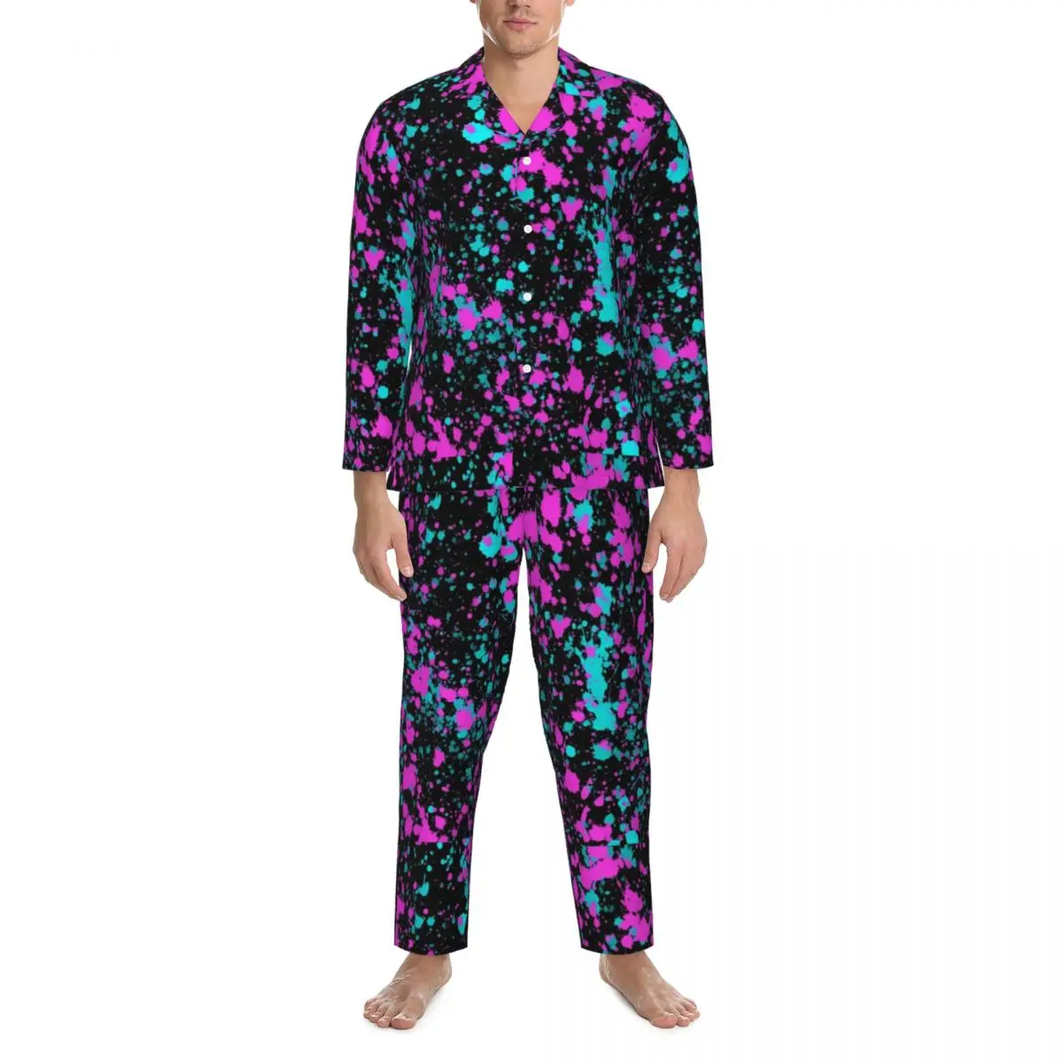 

Neon Paint Splatter Sleepwear Autumn Pink And Blue Casual Loose Oversized Pajama Sets Man Long-Sleeve Sleep Custom Home Suit