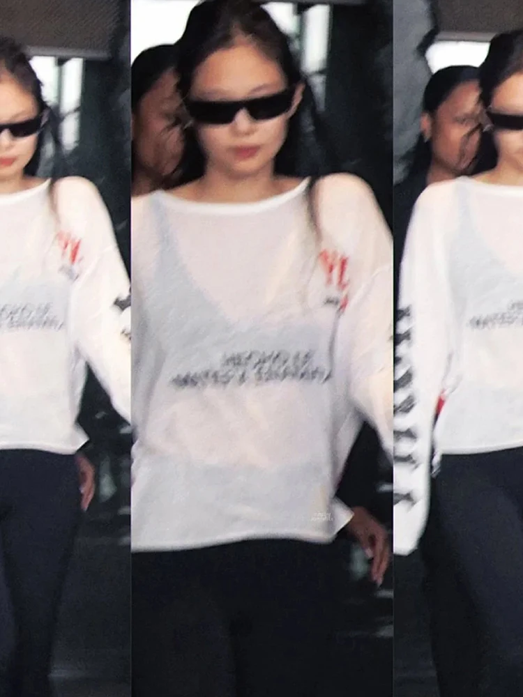 Nibber Sporty Casual Thin T-Shirt Women Autumn Letter Print O-neck Long Sleeve Simple Basic Streetwear Daily Loose Slim Tees