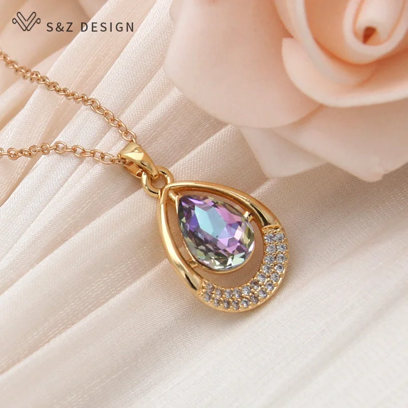 S&Z DESIGN New Fashion Water Drop Crystal Pendant Necklace For Women Champagne Gold Color Zirconia Collarbone Chain Jewelry