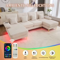 Современный U-диван со светодиодной подсветкой и каркасом из цельного дерева с портом USB-C, 4 роскошными подушками и эргономичной спинкой премиум-класса — изображение 4