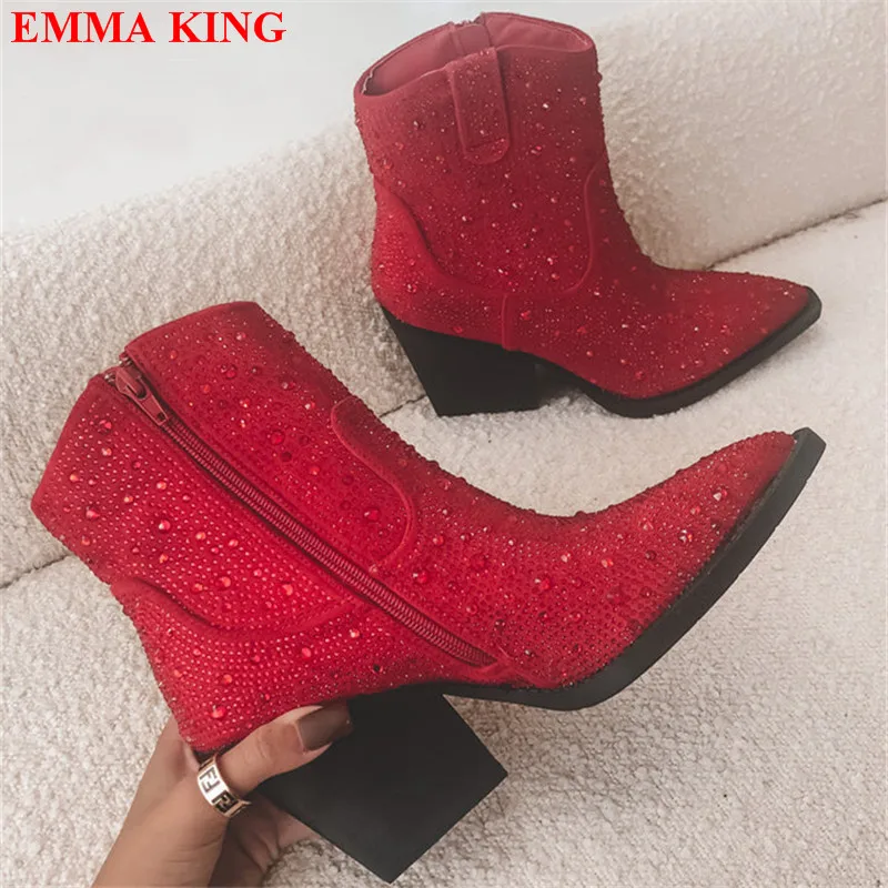 

Luxury Designer Crystal Ankle Boots For Women Red Rhinestone Chunky Heels Cowboy Boots Pointed Toe Western Booties Woman 2022