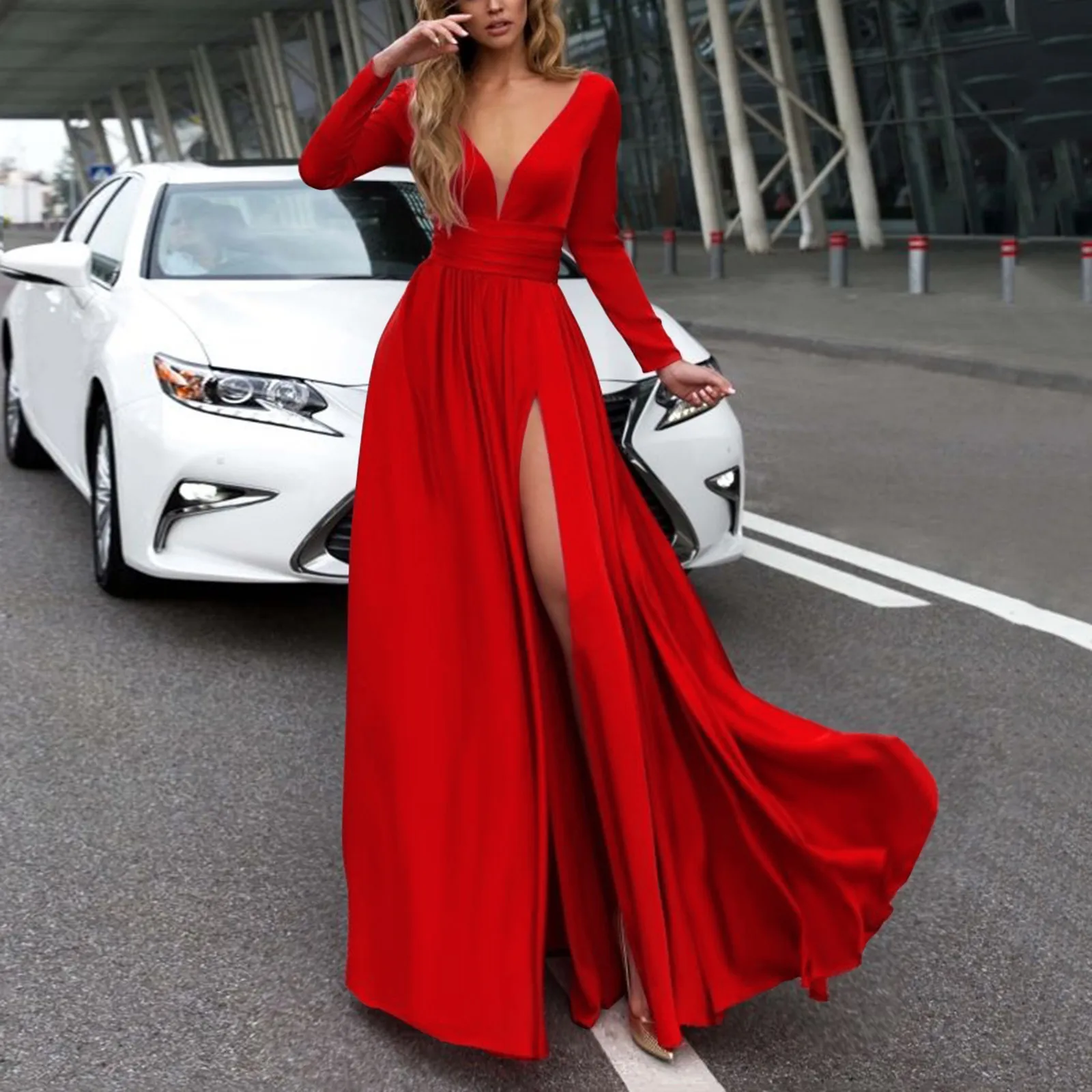

Fashion Women's Elegant Solid Color Banquet Evening Dress Spring And Autumn Sexy Deep V-Neck Stitching Slit Irregular Long Dress