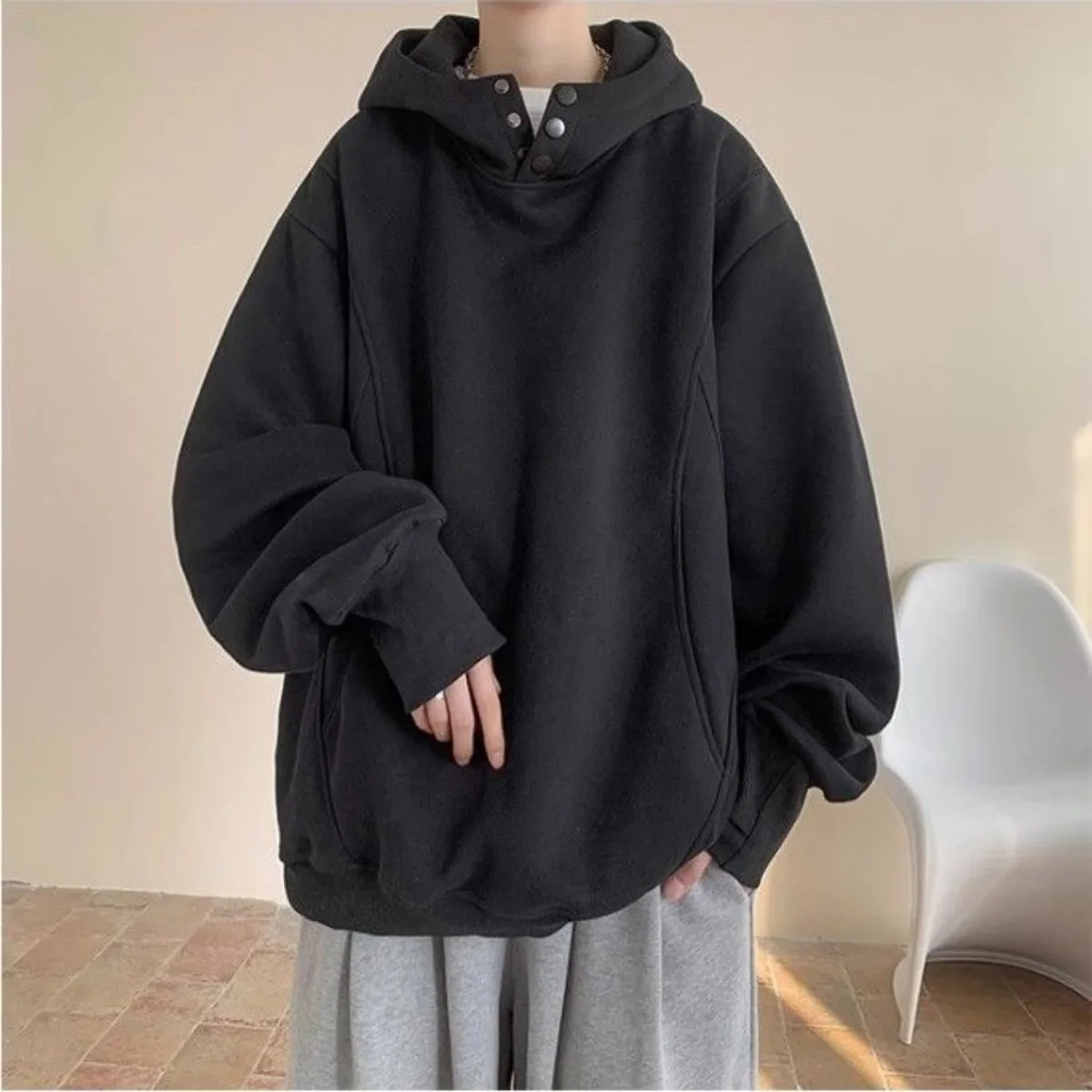 Spring and Autumn New American Retro Simple Solid Color Design Sense High Collar Sweater Trendy Brand Small Weight Hooded Hoodie