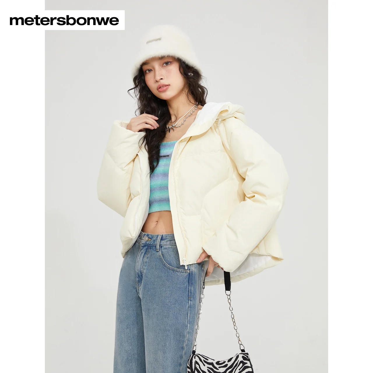 Metersbonwe Short  Down Jacket Women Lapel Collar Parker Coat Ladies 2023 New Fashion Basic Warm Jackets White Outerwear