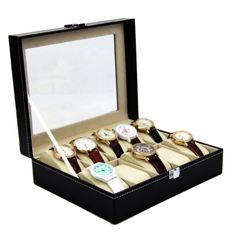 10 Grids Watch Box PU Leather Watches Display for Case Jewelry with Lo
