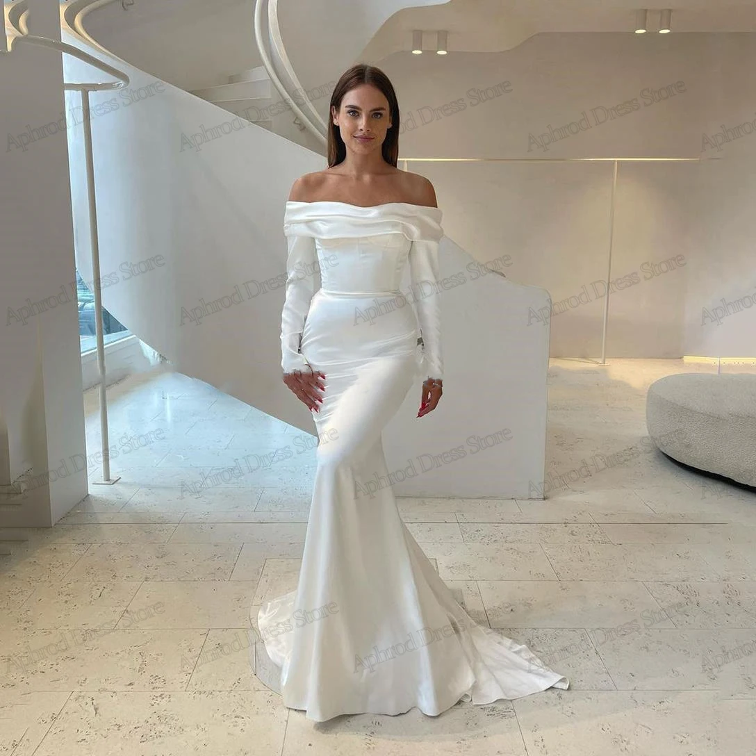 

Simple Wedding Dresses Satin Sheath Mermaid Off The Shoulder Robes For Formal Party Full Sleeves Sweep Train Vestidos De Novia