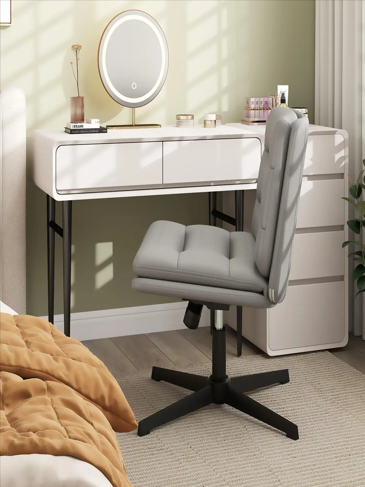 Stuhl mit gekreuzten Beinen, ohne Rollen, armloser Schreibtischstuhl für das Home Office, höhenverstellbarer Schminkstuhl mit mittelhoher Rückenlehne – Detail 1