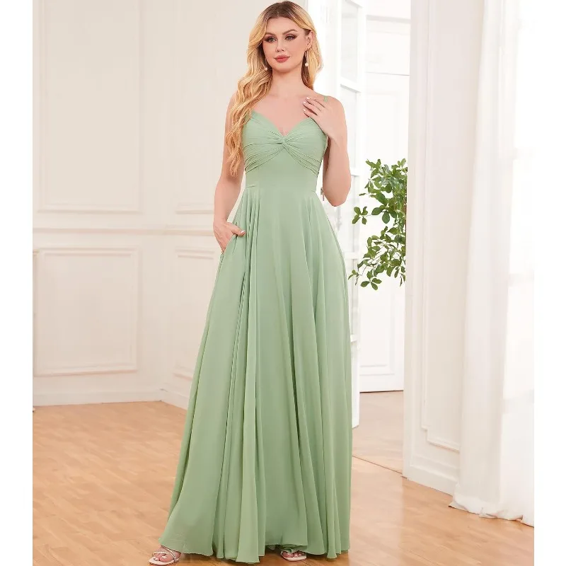 

Wakuta Women's V Neck Bridesmaid Dresses Long Chiffon Open Back Spaghetti Straps Formal Gown with Slit Sexy Sweetheart Vestidos
