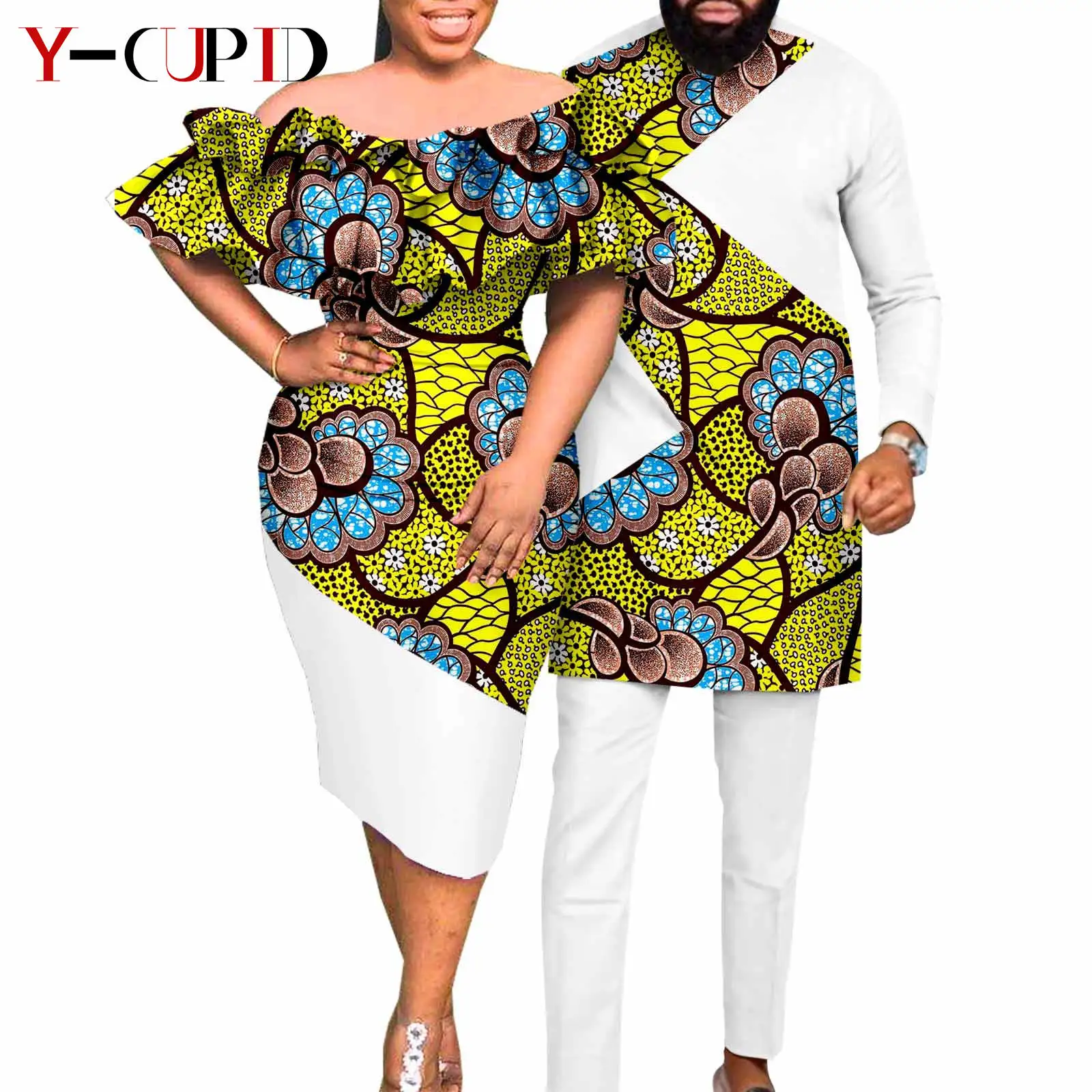 African Matching Outfit for Couples Bazin Riche Women Lace Long Dresses Men  Top and Pants Sets African Print Clothing A20C003