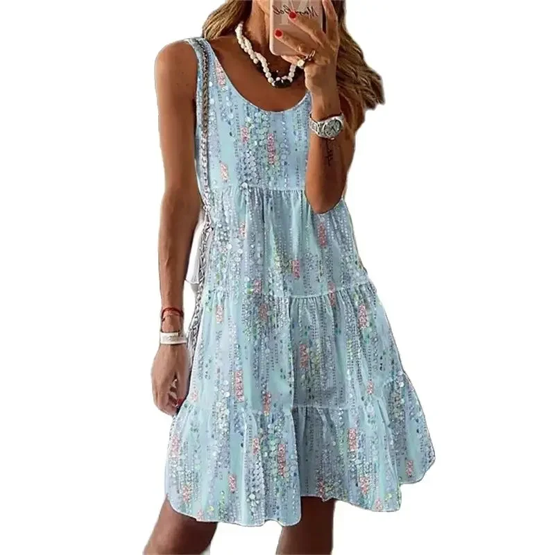 

Women Sweet Style Small Flower Print Dresses Multi-layer Splicing Hem Dress Summer Sleeveless O Neck Pullover Casual Female Gown