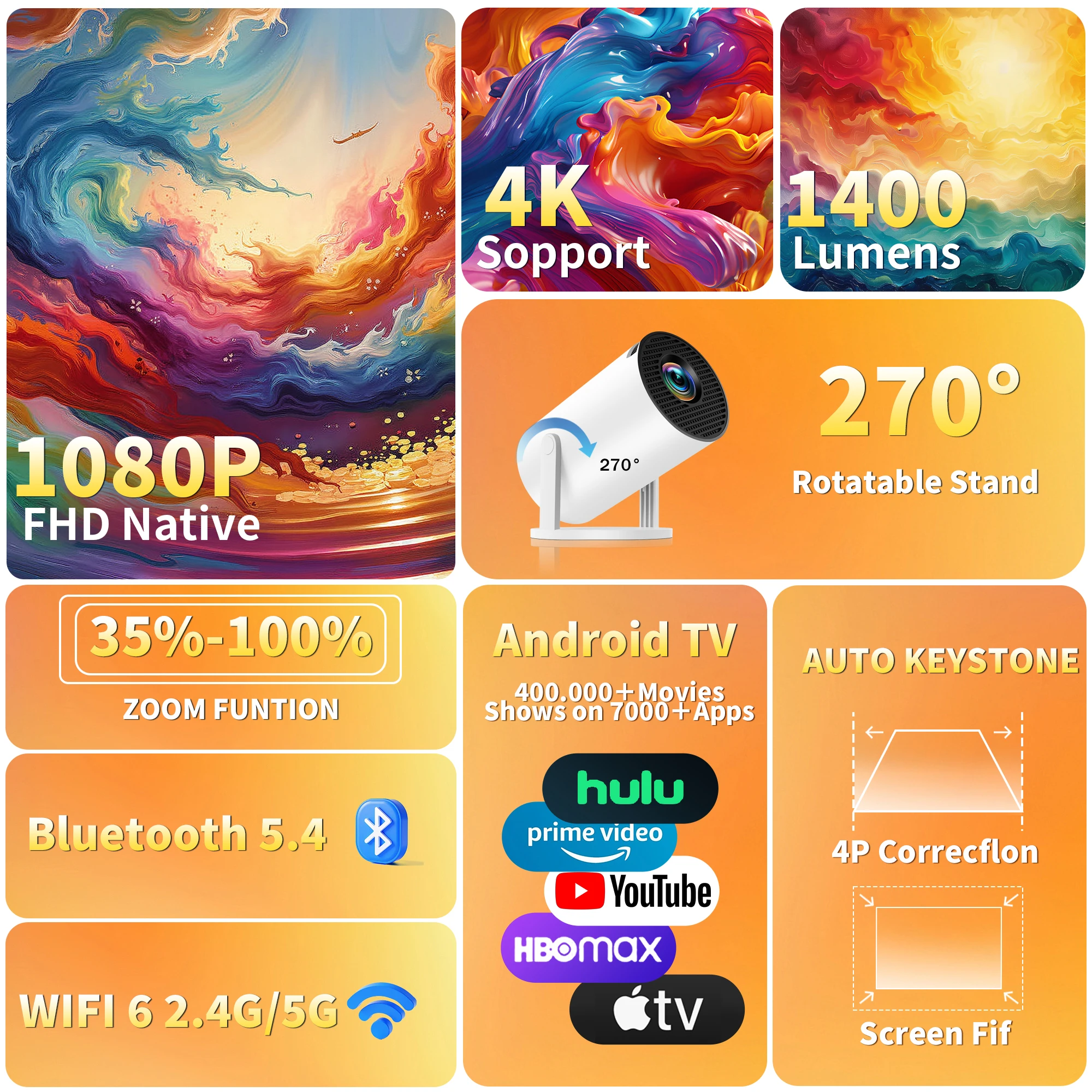 Mini Proiettore Portatile WiFi 6 E Bluetooth 5.4, 4K 1080P, Schermo 40-200, Rotazione 180°, Android 11, Air Mouse - 2
