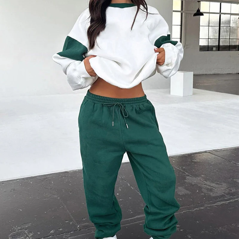 

Autumn Round Neck Top Pullover & Sweatpants Outfits Women Contrast Color Sports Tracksuit Winter Loose Two Piece Suit Sets Mujer