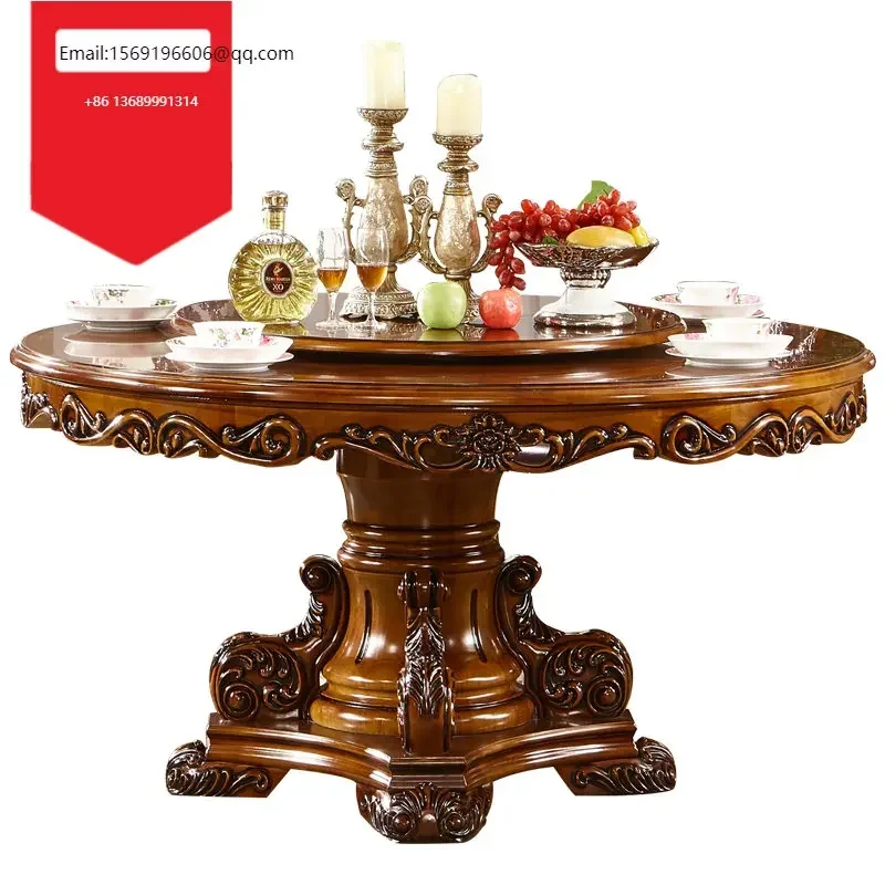 

European round table full solid wood American carved painted marble turntable household dining table chair combination