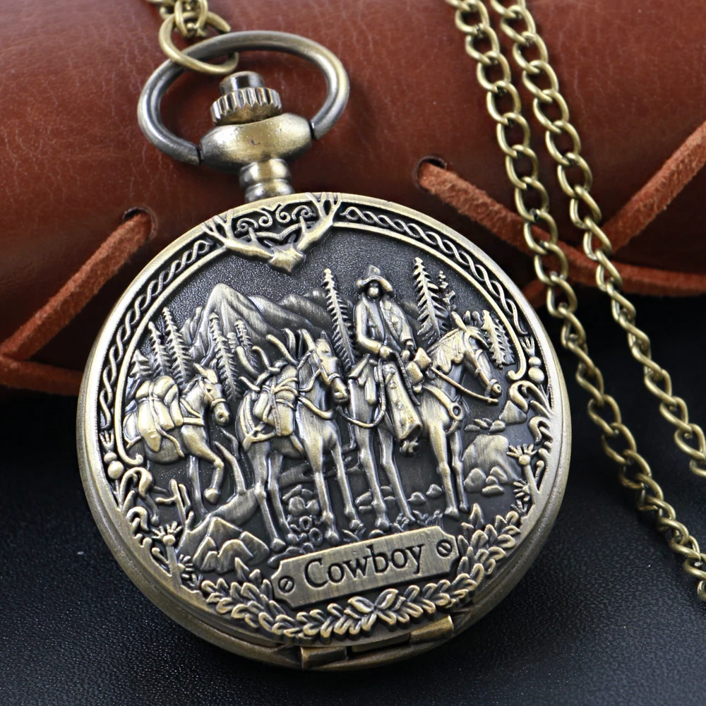 

Vintage Western Denim Yellowstone Quartz Pocket Watch Bronze Pendant Necklace Chain Universal Fob Watch for Boys and Girls