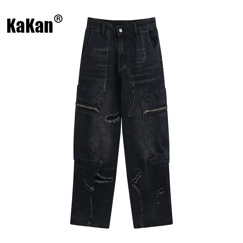 Kakan - European and American New High Street Tear Hole Jeans Men's Wear, Designed with Zipper Straight Leg Long Jeans K27