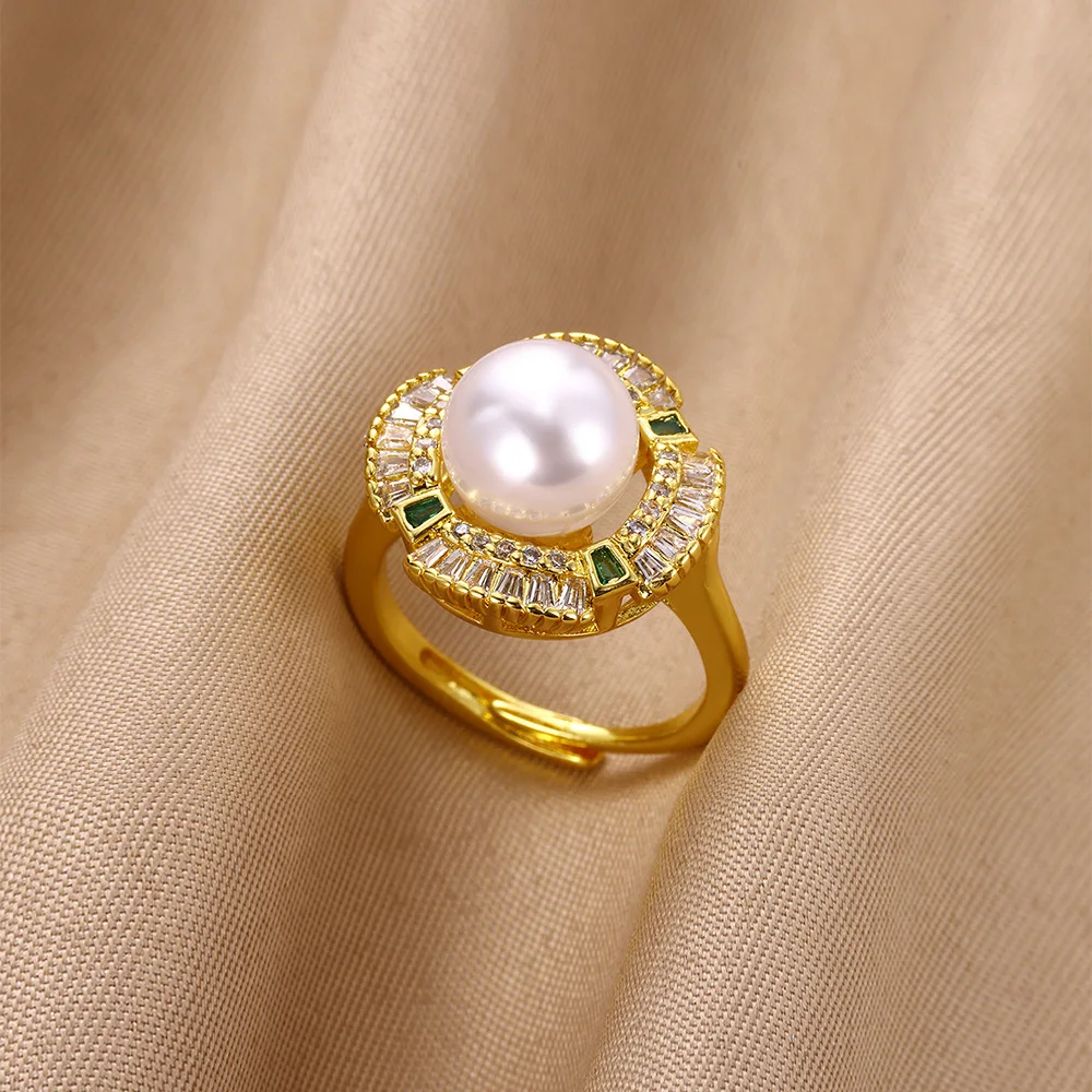 Zircon Pearl Stainless Steel Open Rings For Women