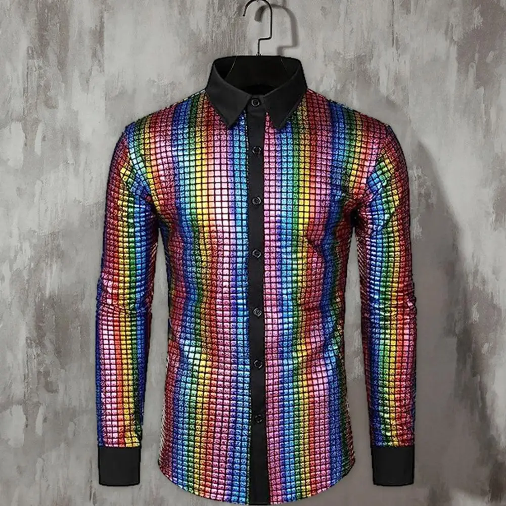

Men Disco Shirt Sequin Stand Collar Men's Shirt for Club Dance Disco Stage Performance Shiny Smooth Long Sleeve Vintage Top