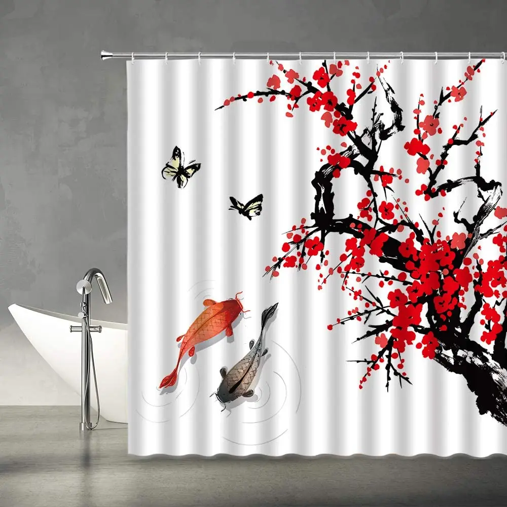 

Japanese Shower Curtains Red Plum Blossom Branch Koi Fish Butterfly Asian Ink Painting Art Fabric Bathroom Decor Set with Hooks