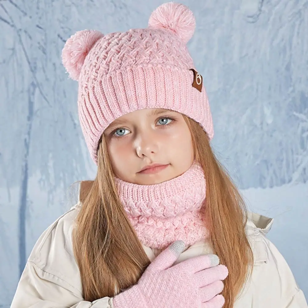 Fashion Winter Kids Hat Gloves Scarf Set Warm Knit Beanie Hat with Pom Thickened Children Fleece Lined Set