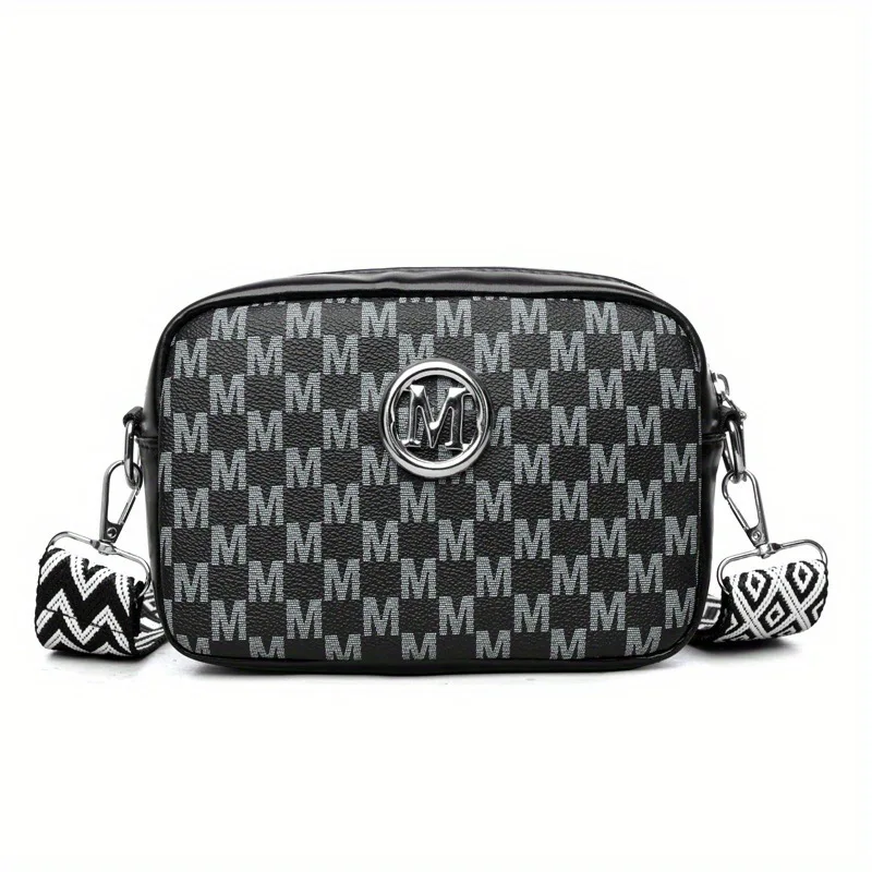Retro M Pattern Design Female Crossbody Bag, Stylish Ladies Shoulder Bag, Wide Strap Phone Coin Purse for Women Work Party Date