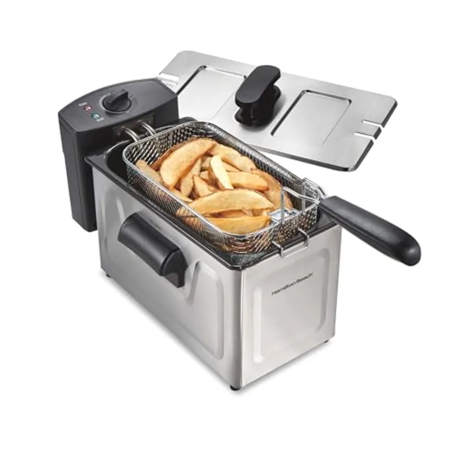 Family Style Electric Deep Fryer with Stainless Steel Housing 3 Liter Oil Capacity 1500 Watts Includes Frying Basket with Hooks 1